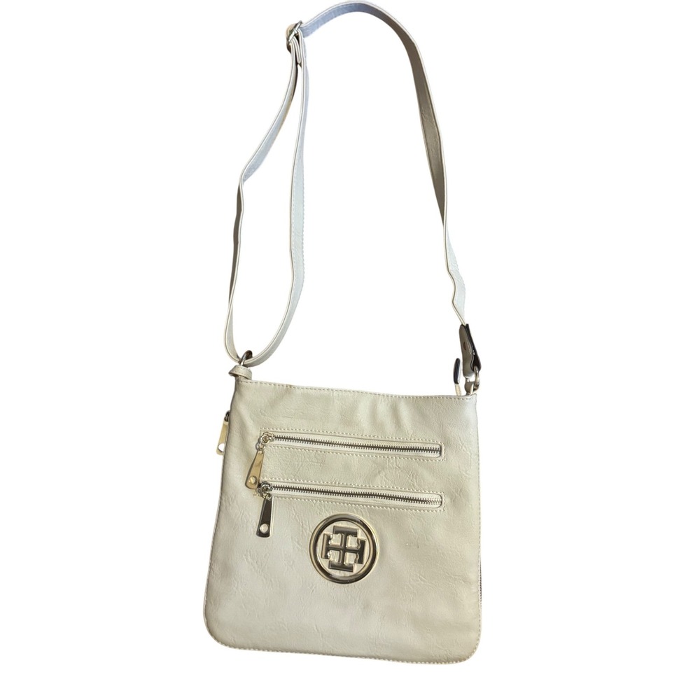Tommy Hilfiger Cream White Off Crossbody Bag Gold Logo Double Zip Front Pockets